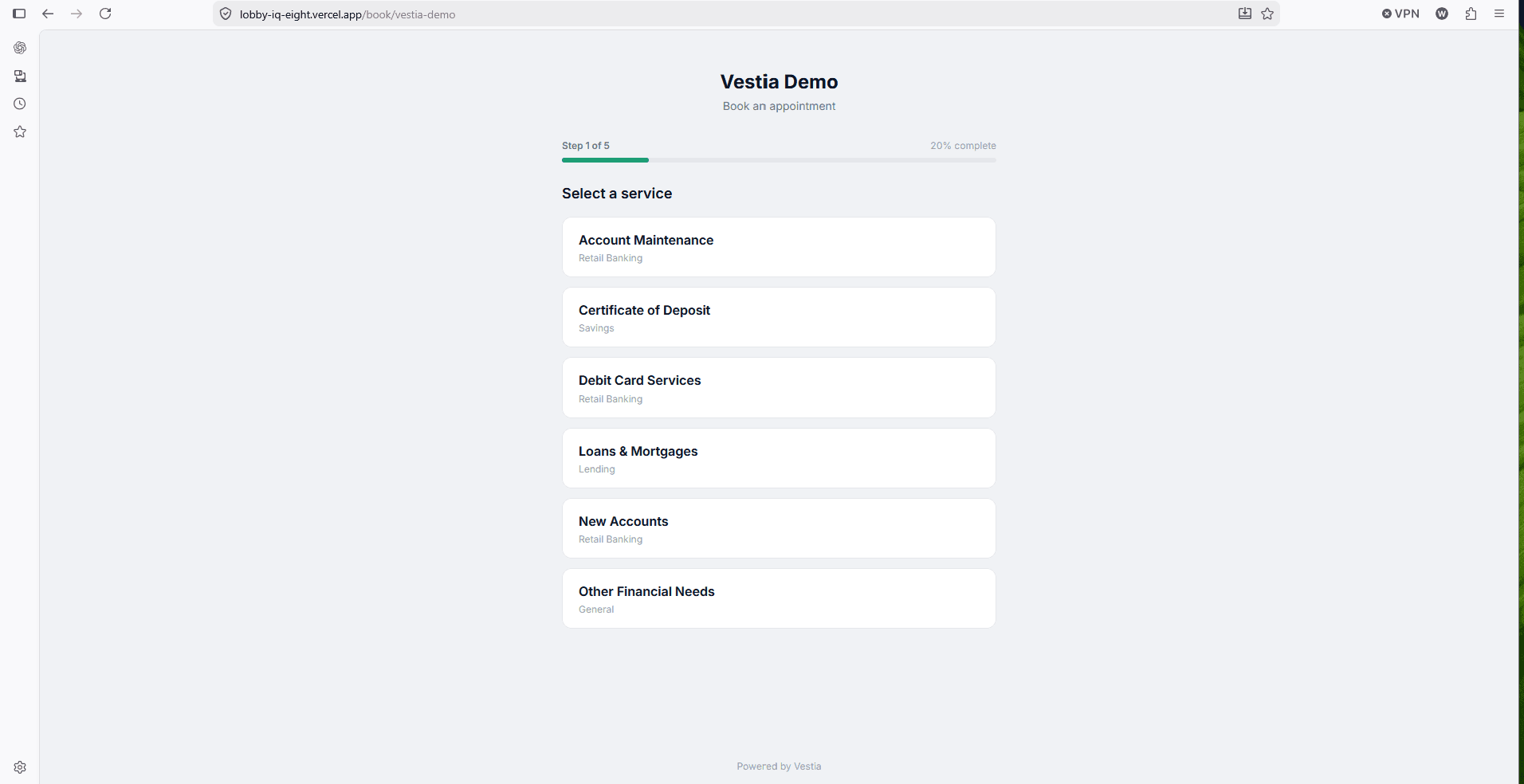 Vestia public booking portal wizard for online appointment scheduling