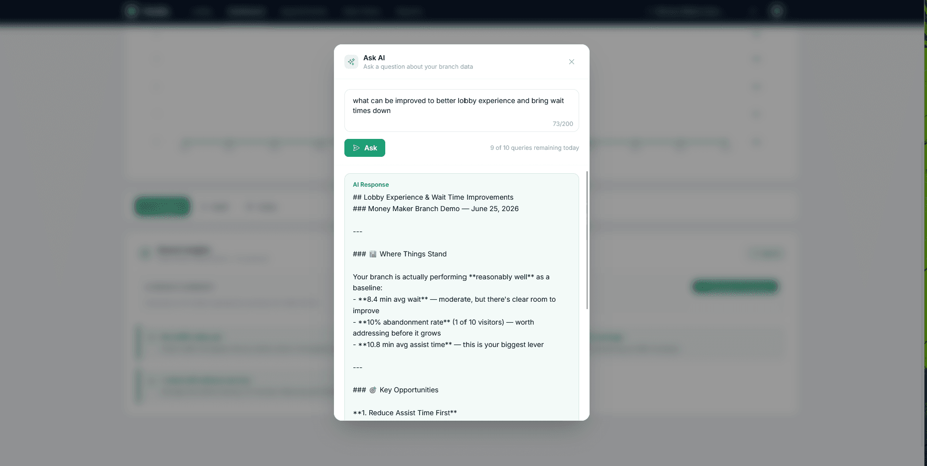Vestia Ask AI modal with a typed question and an AI-generated response about branch performance