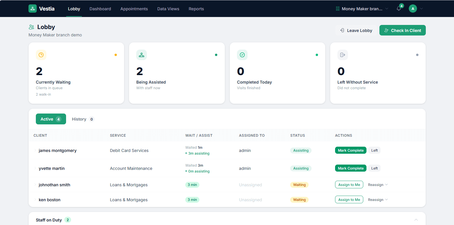 Vestia lobby management dashboard showing live client queue with color-coded wait times