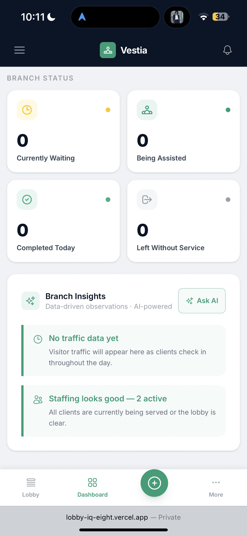 Vestia mobile interface showing lobby status and key metrics on a smartphone